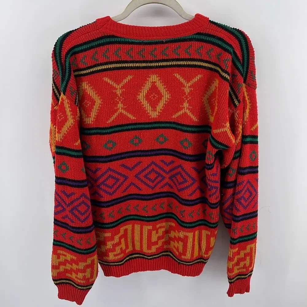 Vintage Le Tigre geometric Aztec Tribal print crewneck pullover grandpa sweater